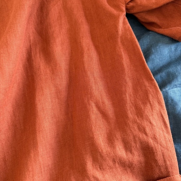 Linen Handmade Studio Tobacco Burnt Orange Cheryl Ruffle Wrap Mini Dress Size 6 - Picture 9 of 13